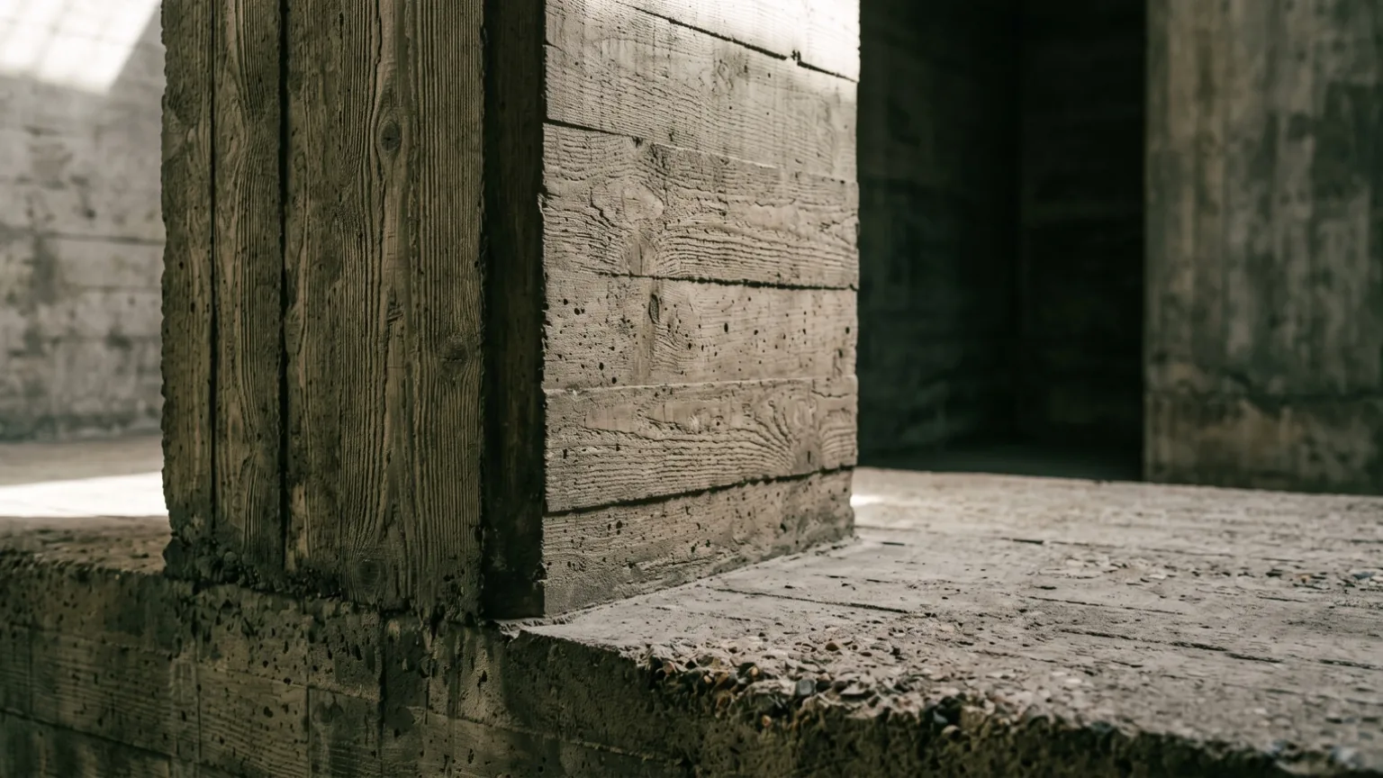 Detalhe estrutural de concreto com marcação de fôrma em madeira